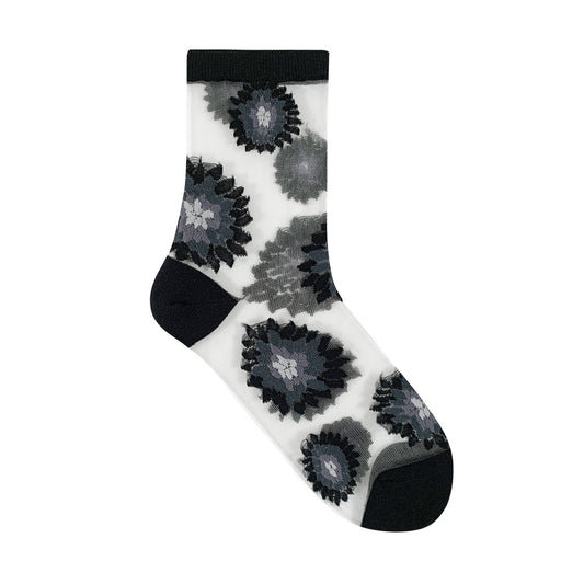 Women's Crew Sheer Black and White Sunflower See-Through Socks