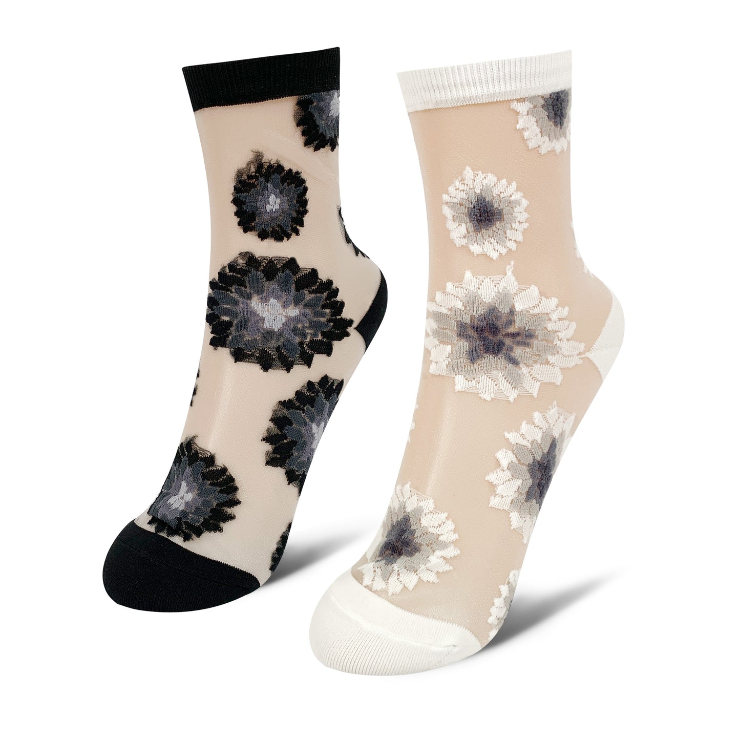 Women's Crew Sheer Black and White Sunflower See-Through Socks