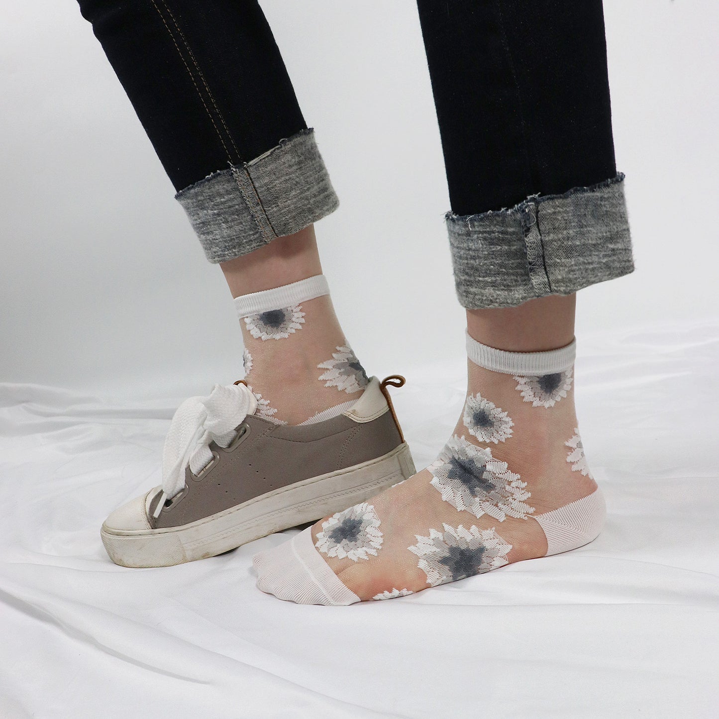 Women's Crew Sheer Black and White Sunflower See-Through Socks