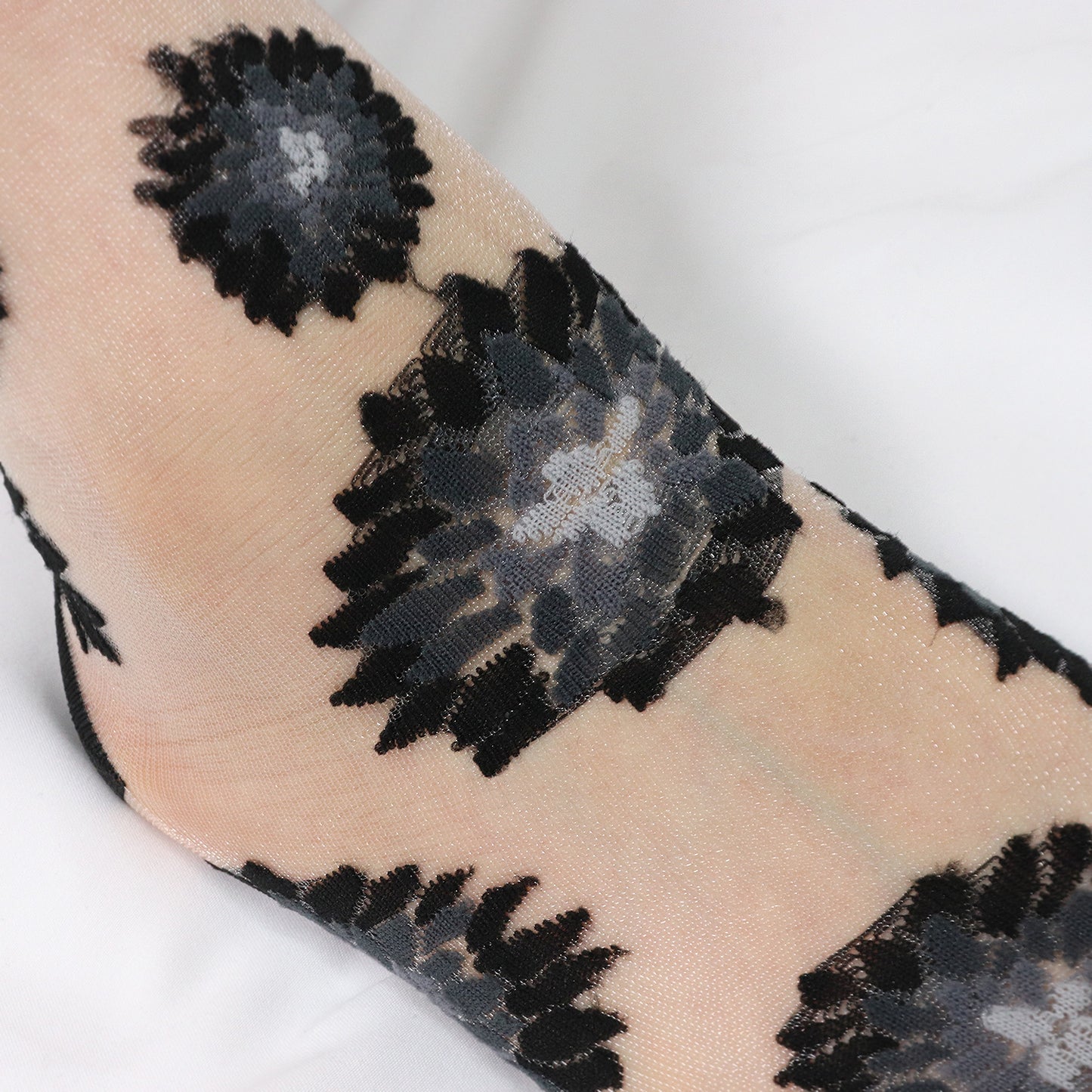 Women's Crew Sheer Black and White Sunflower See-Through Socks