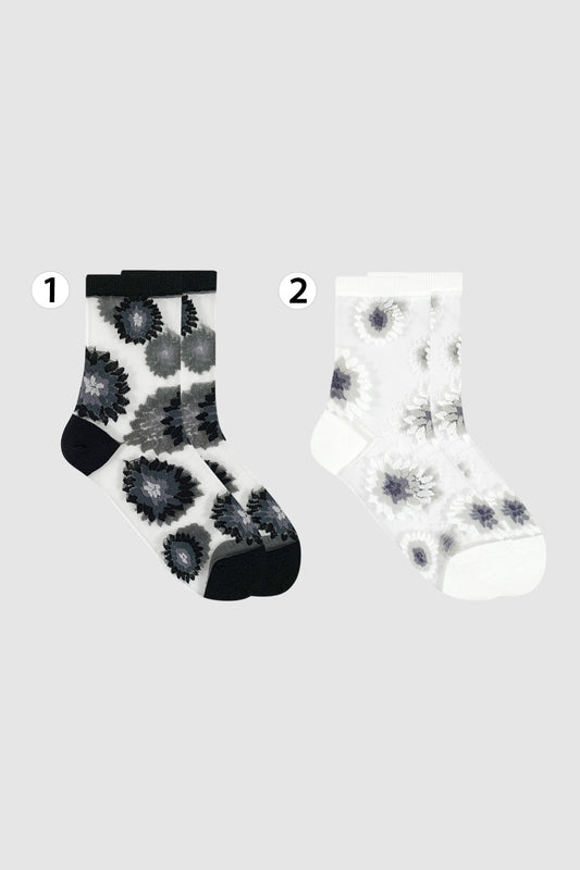 Women's Crew Sheer Black and White Sunflower See-Through Socks