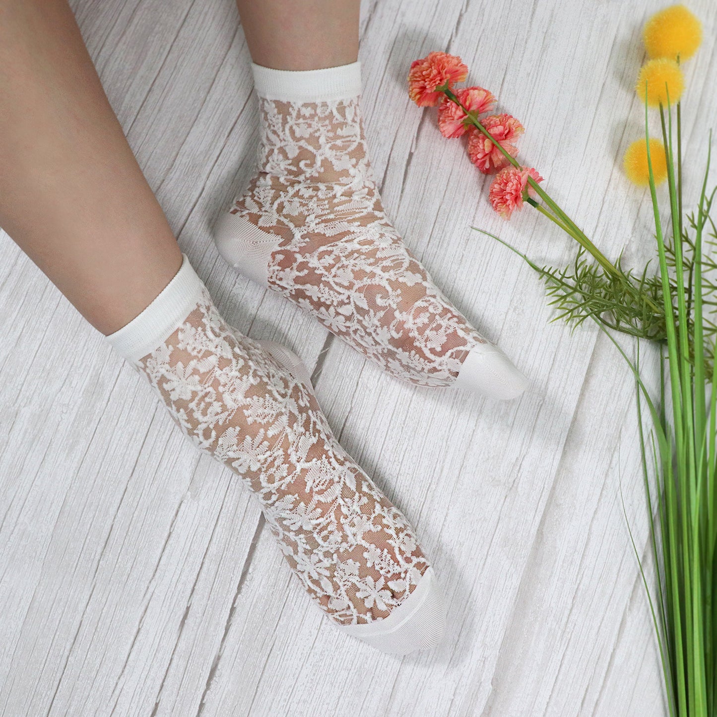 Women's Crew Semi Sheer Lace See-Through Socks