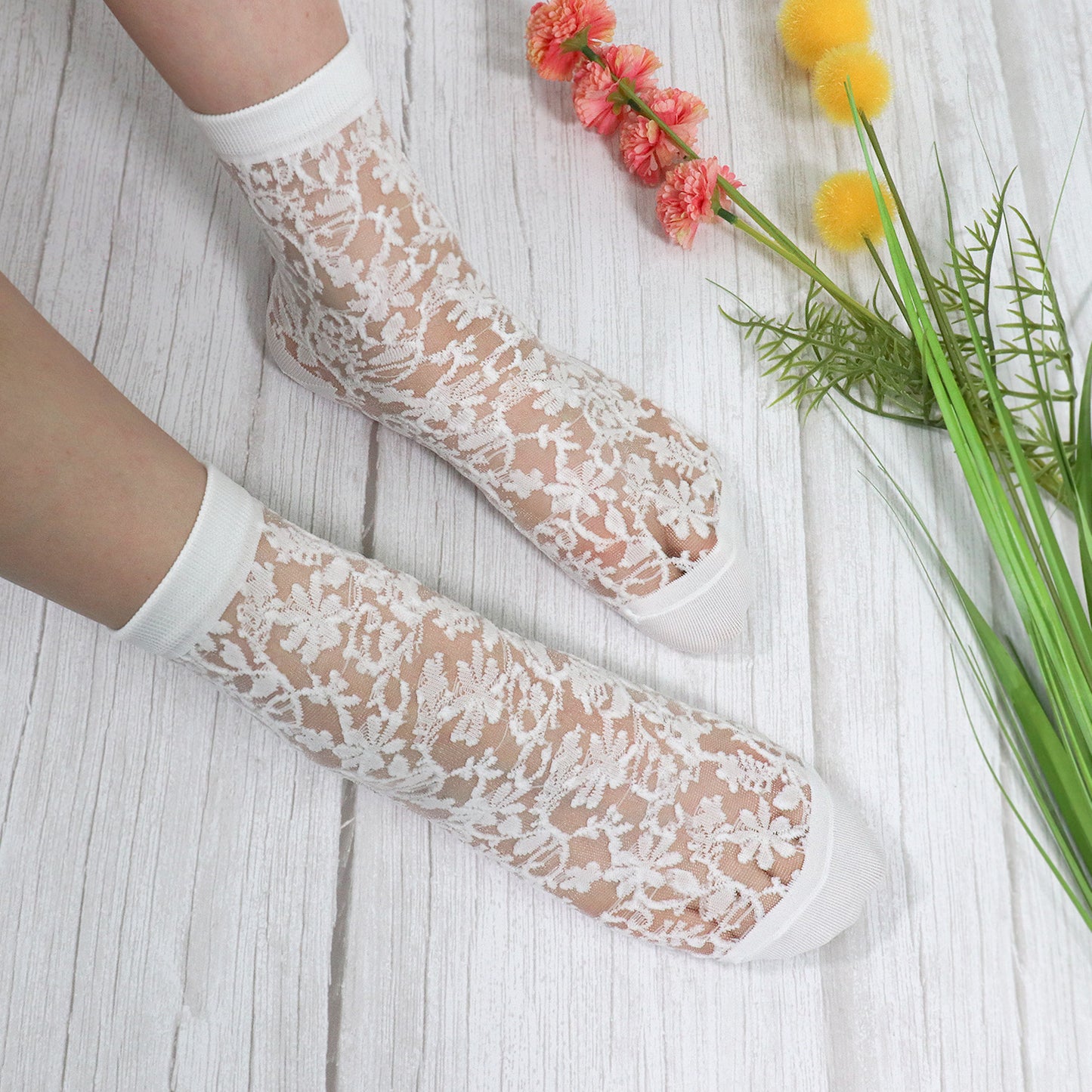 Women's Crew Semi Sheer Lace See-Through Socks