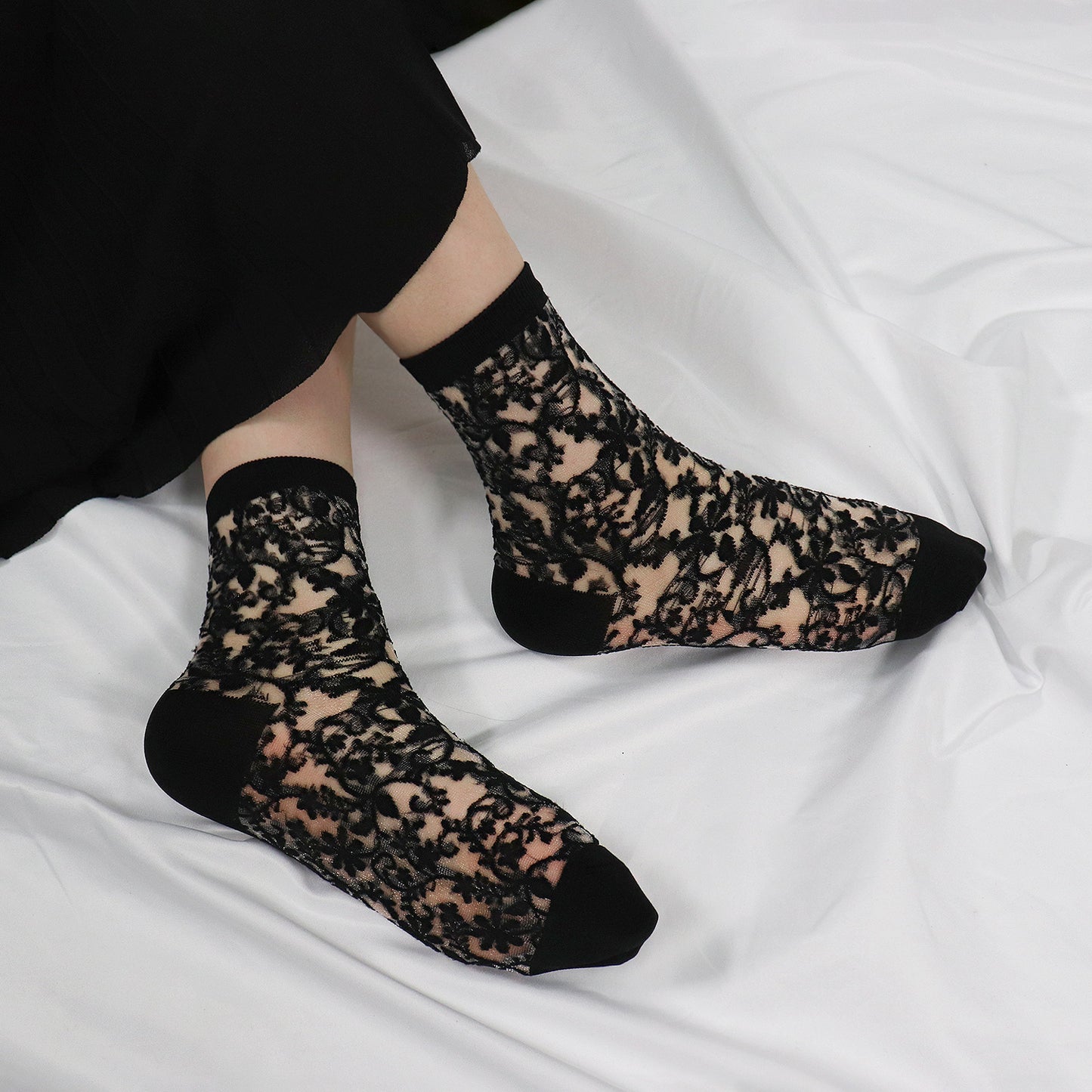 Women's Crew Semi Sheer Lace See-Through Socks