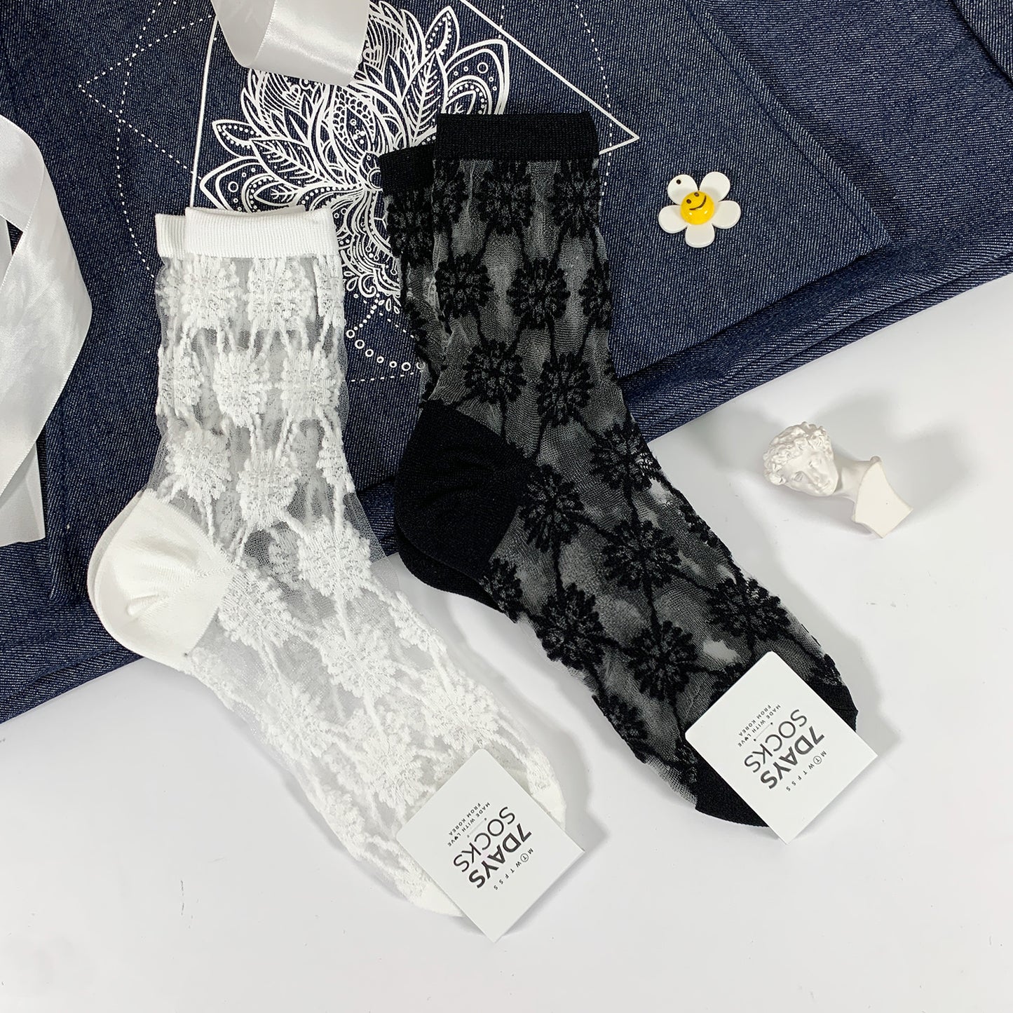 Women's Crew Sheer Big Flower  See-Through Socks