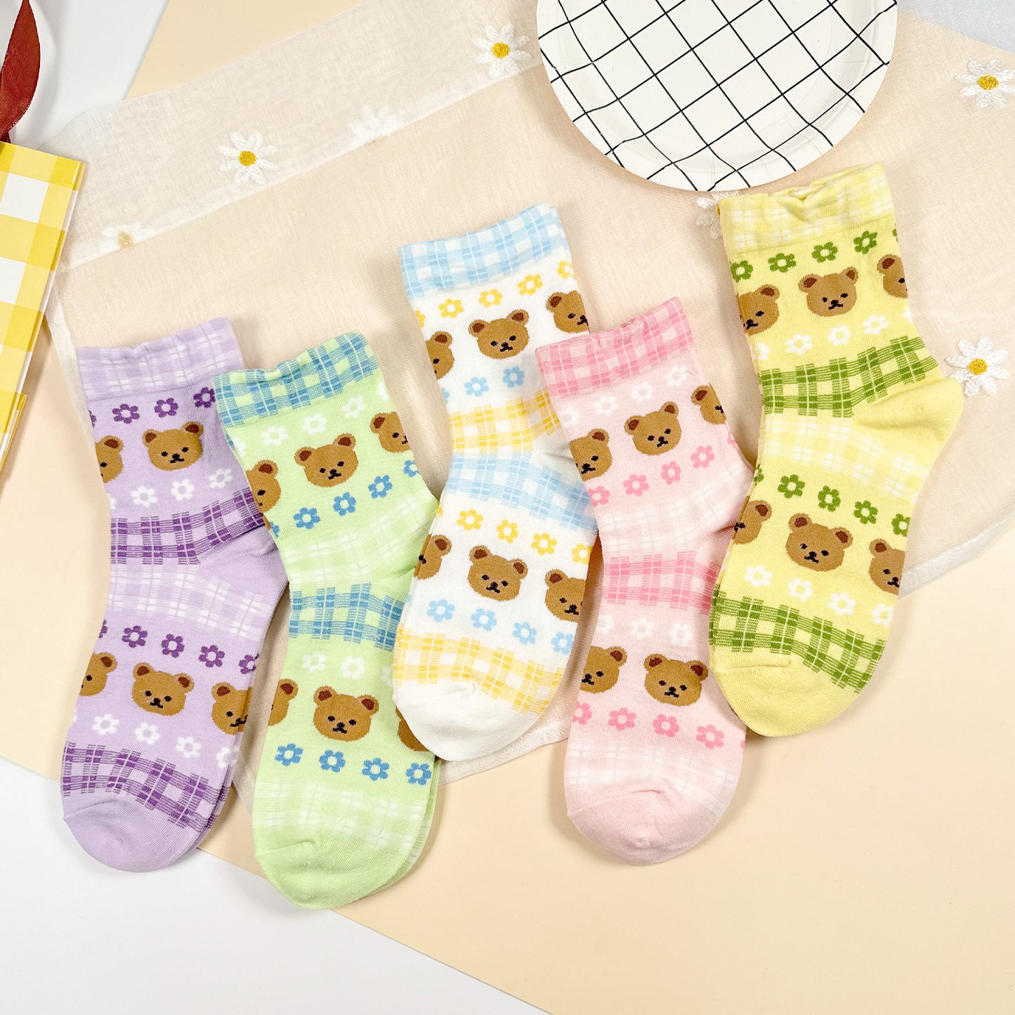 Women's Crew Bear & Check Pattern Socks