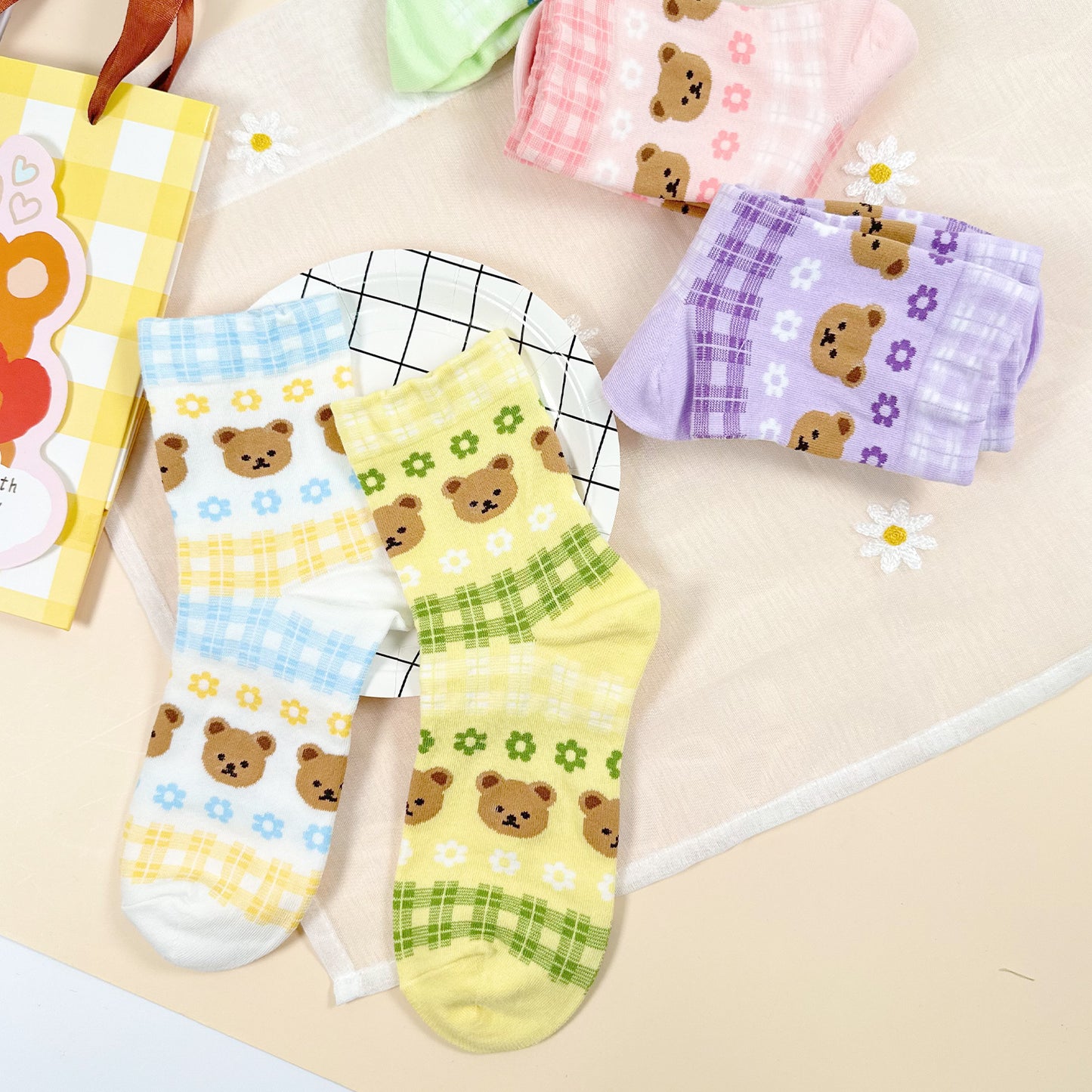 Women's Crew Bear & Check Pattern Socks