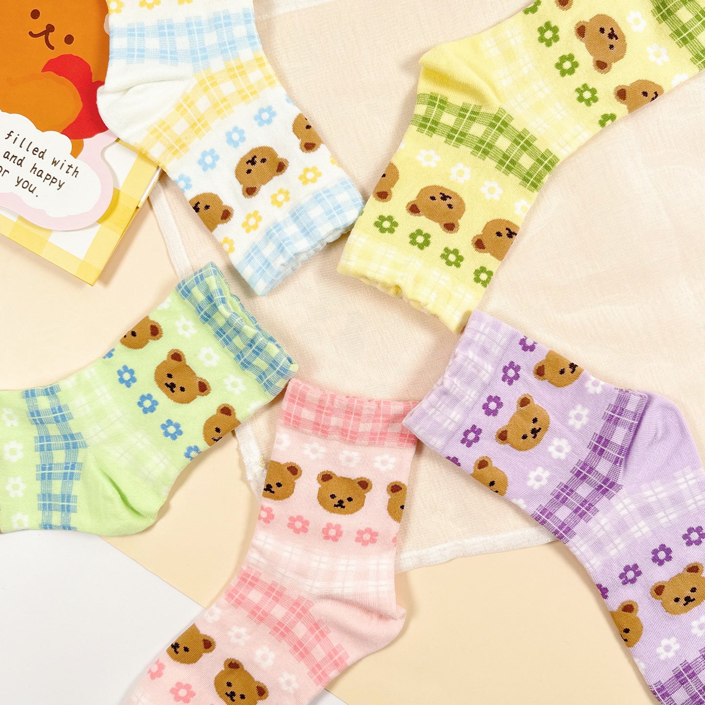 Women's Crew Bear & Check Pattern Socks