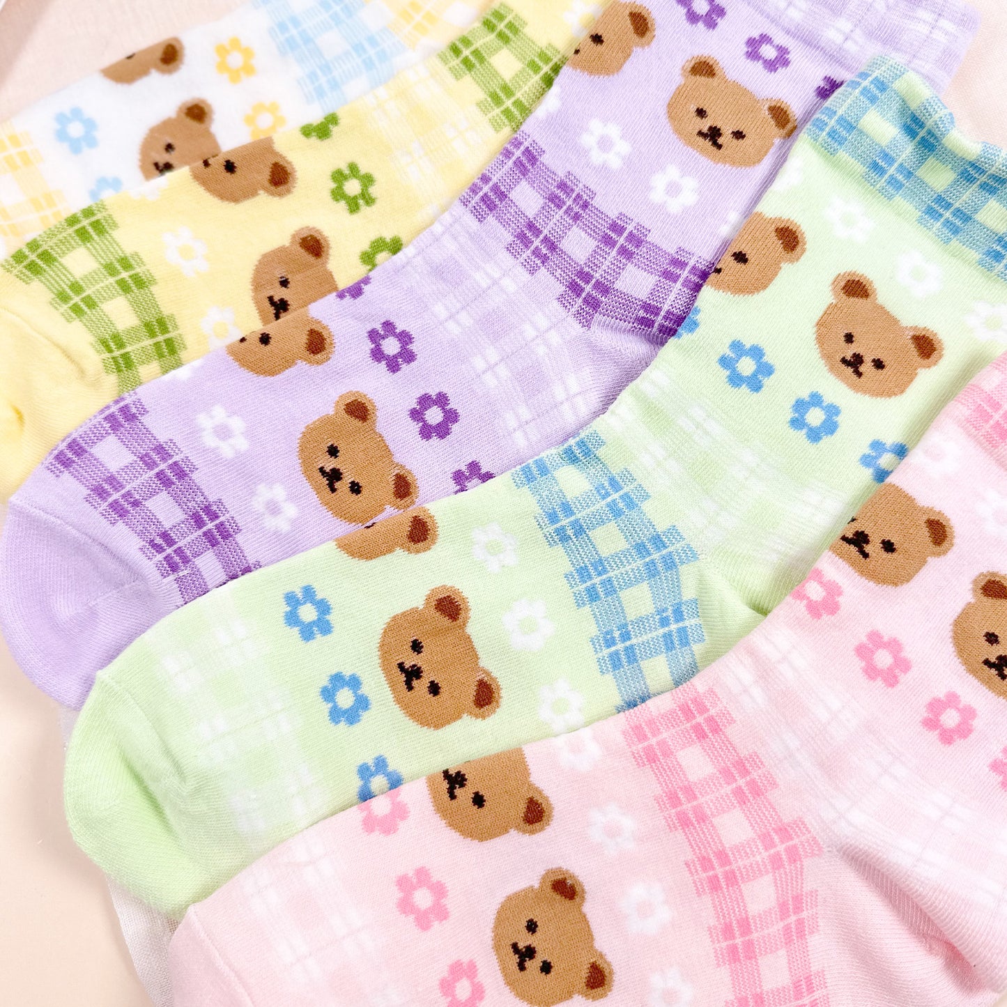 Women's Crew Bear & Check Pattern Socks