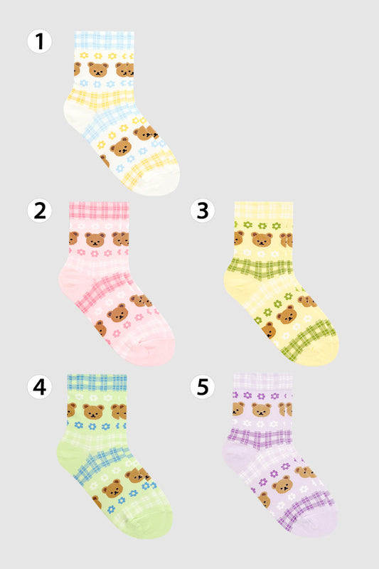 Women's Crew Bear & Check Pattern Socks