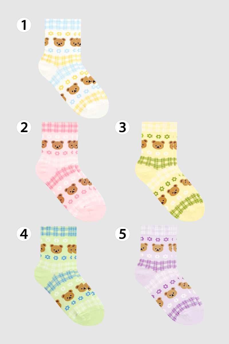 Women's Crew Bear & Check Pattern Socks