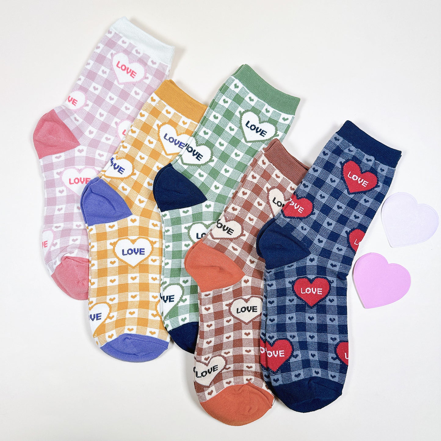 Women's  Heart & Check Pattern Crew Socks