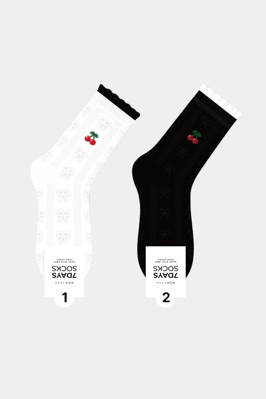 Women's Crew Cherry Lace Pattern Socks - Made in Korea