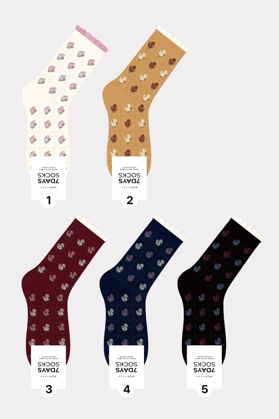 Women's Rose Flower Pattern Crew Socks - Made in Korea