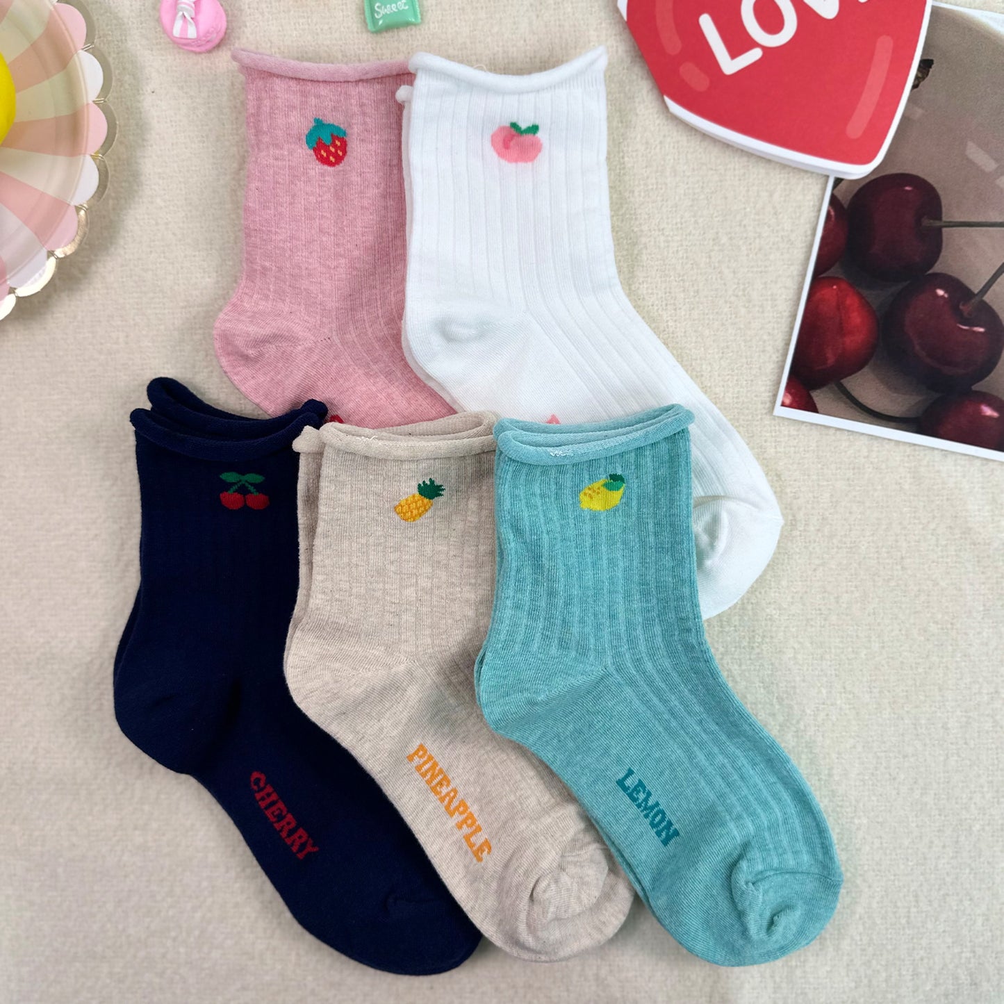 Women's Crew Ribbed Fruit Rolled Socks