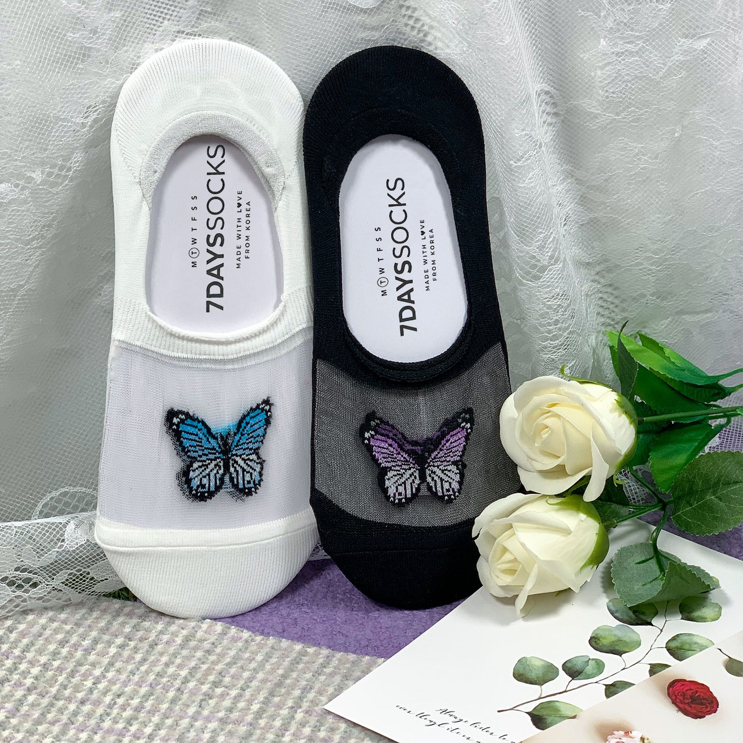 Women's No Show See-Through Butterfly Socks