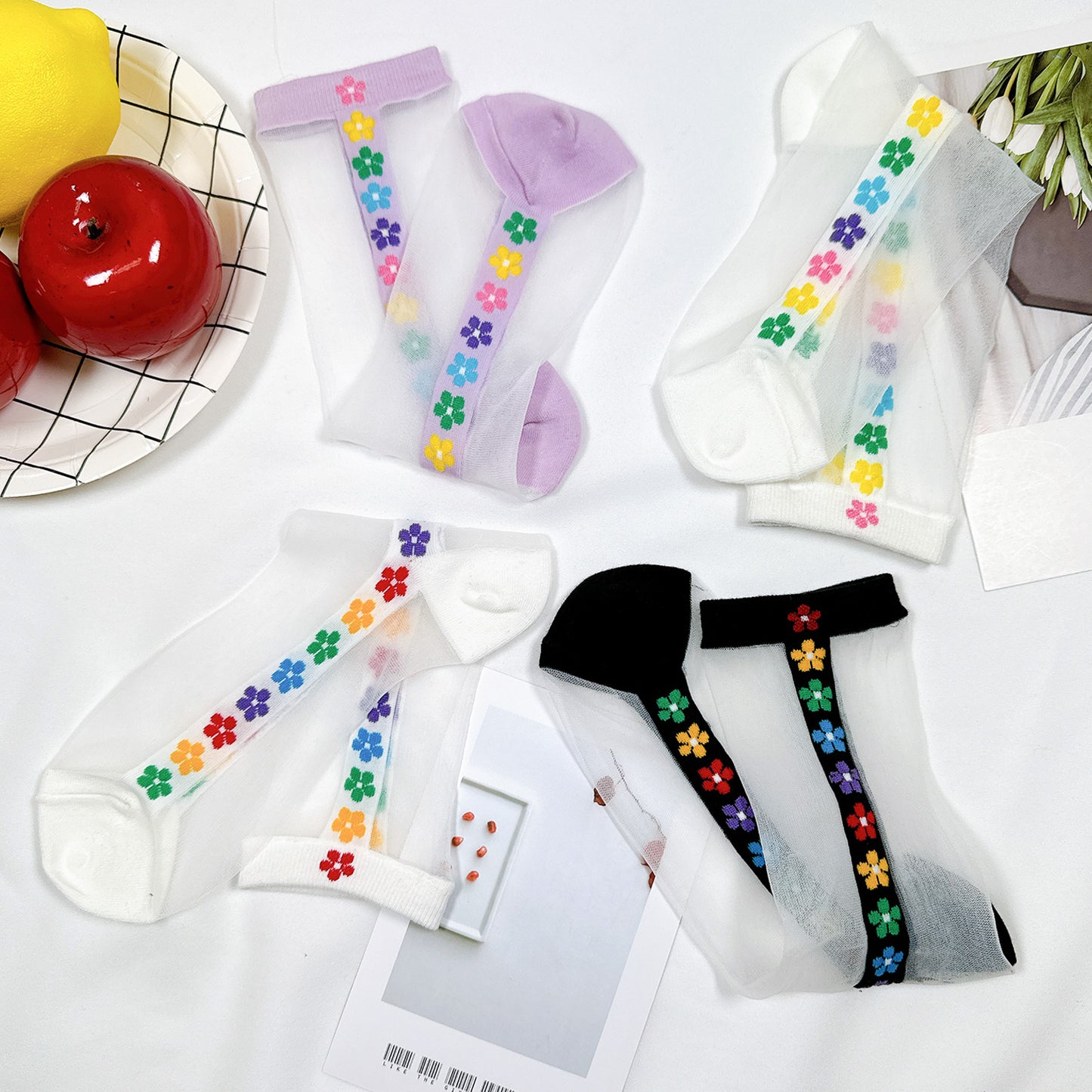 Women's Crew See-Through Rainbow Flower Socks