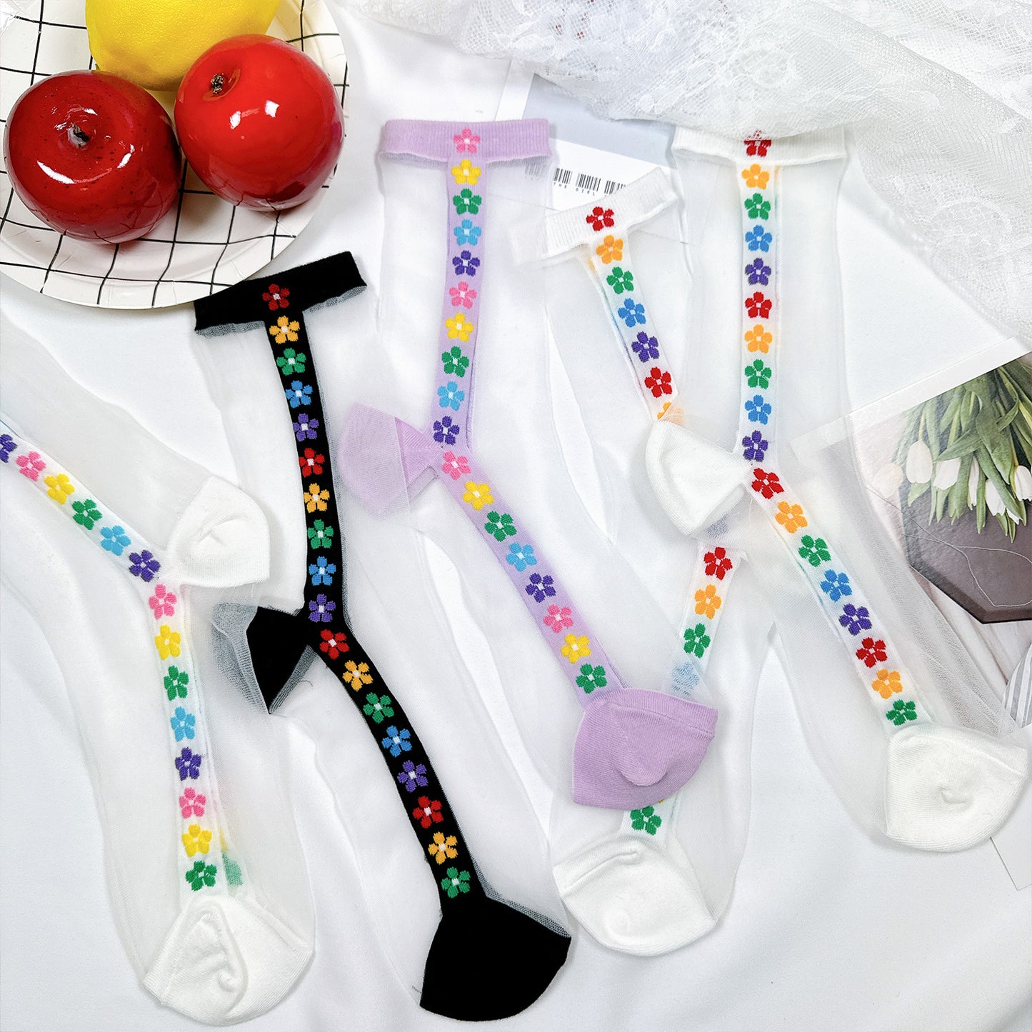 Women's Crew See-Through Rainbow Flower Socks