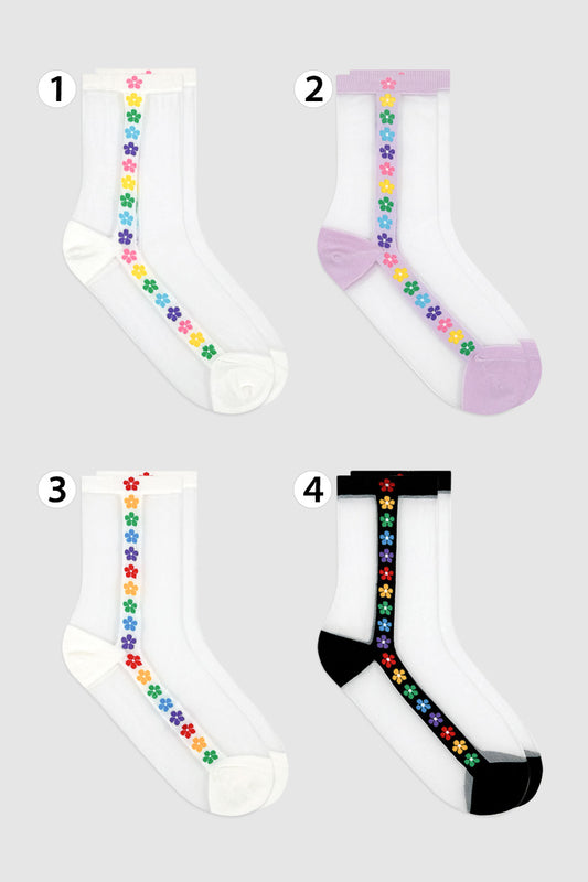 Women's Crew See-Through Rainbow Flower Socks