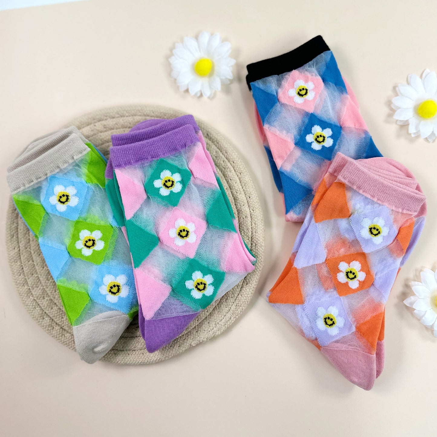 Women's Crew See-Through Smile Flower Argyle Socks