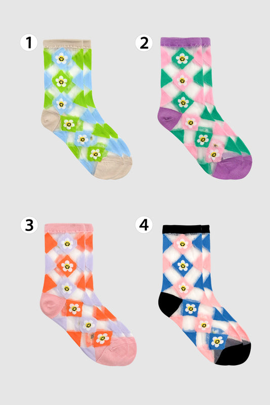 Women's Crew See-Through Smile Flower Argyle Socks