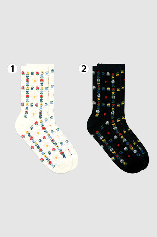 Women's Crew Grid Flower Socks