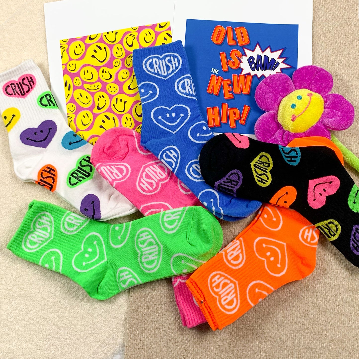 Women's Crew Neon Crush Smile Pattern Socks