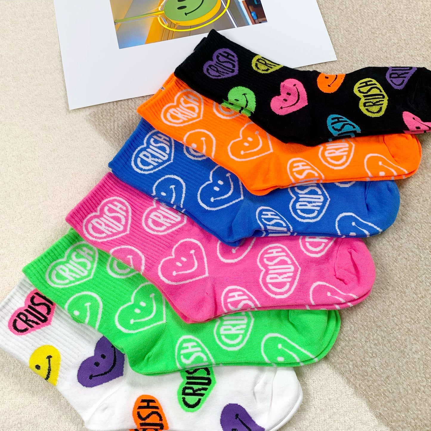 Women's Crew Neon Crush Smile Pattern Socks