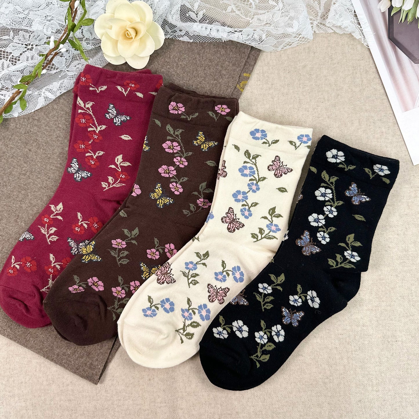 Women's Crew Flower Butterfly Socks