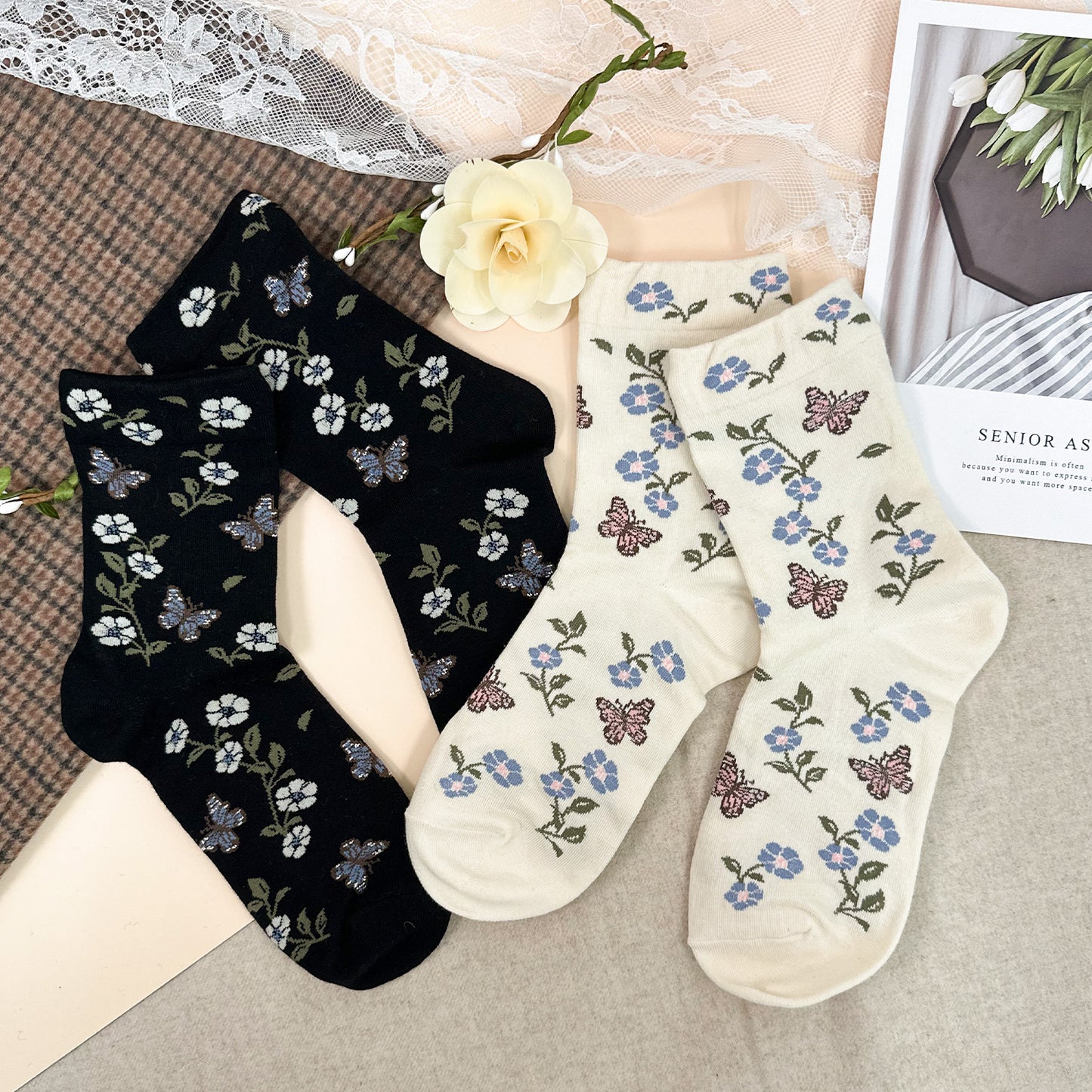 Women's Crew Flower Butterfly Socks