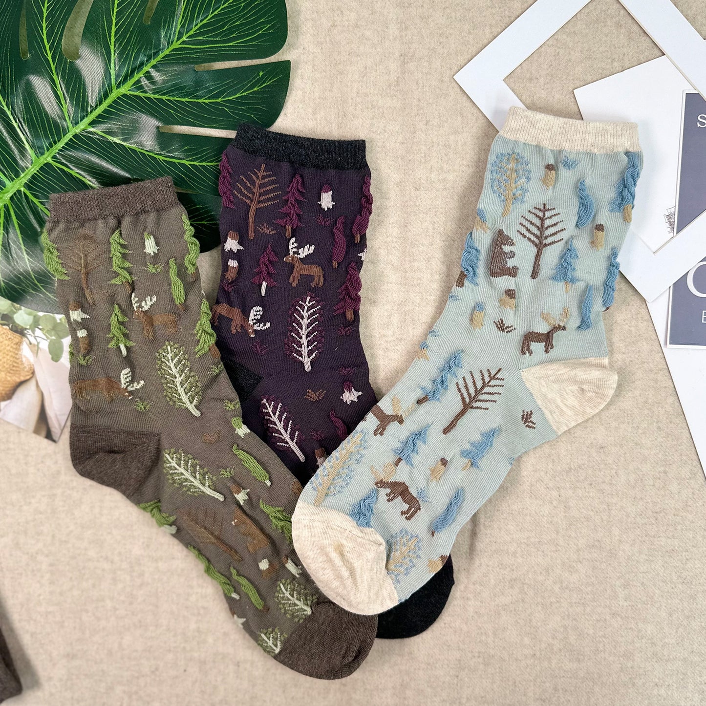 Women's Crew Oulanka Forest Embroidery Pattern Socks